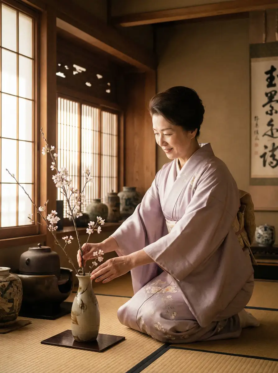 一位优雅的 中欧体育 平台 在和室中插花